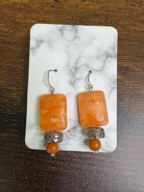 Hand Crafted Orange Stone and Silver Drop Earrings